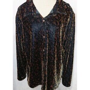 French Laundry Button Up Shirt Womens XL Black Brown Velvet Animal Print Mobwife